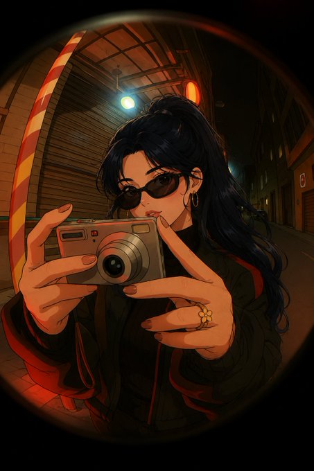 An anime-style digital illustration framed by a circular vignette depicts a dark-haired woman wearing sunglasses and holding a vintage silver digital camera in a dimly lit alleyway.