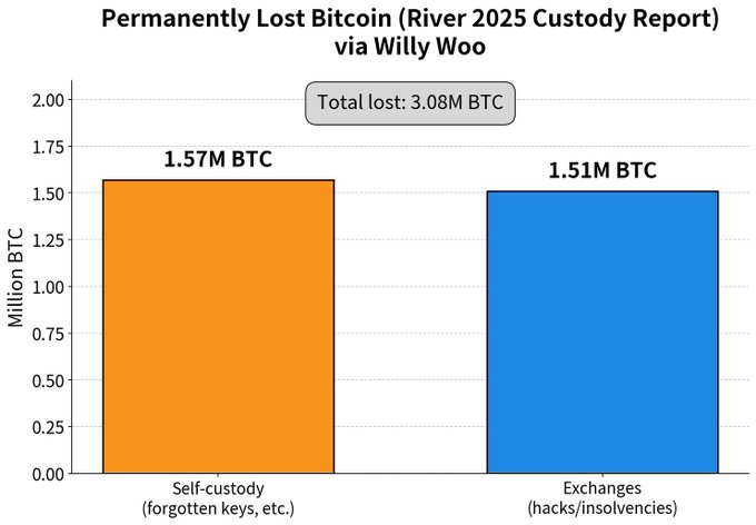 Bar chart titled 'Permanently Lost Bitcoin (River 2025 Custody Report) via Willy Woo' showing 1.57M BTC lost in self-custody (forgotten keys) and 1.51M BTC lost through exchanges (hacks/insolvencies), totaling 3.08M BTC.