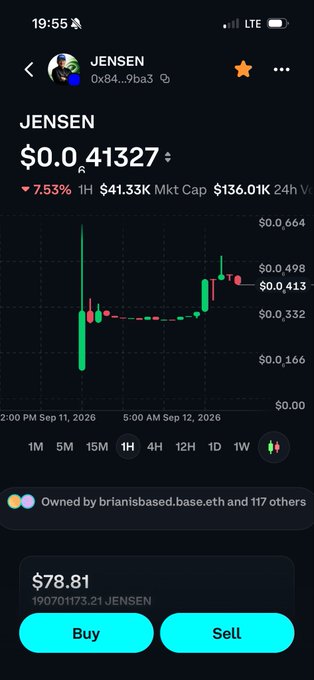 The image shows a cryptocurrency trading screen for $JENSEN, priced at $0.041327 with a 7.53% decline, a market cap of $41.53K, and held by brianisbased.base.eth among others. The post highlights $JENSEN as a "founder's paired-stock coin on @base linked to $NVDAc," with the screenshot illustrating the token's current trading performance and ownership details.