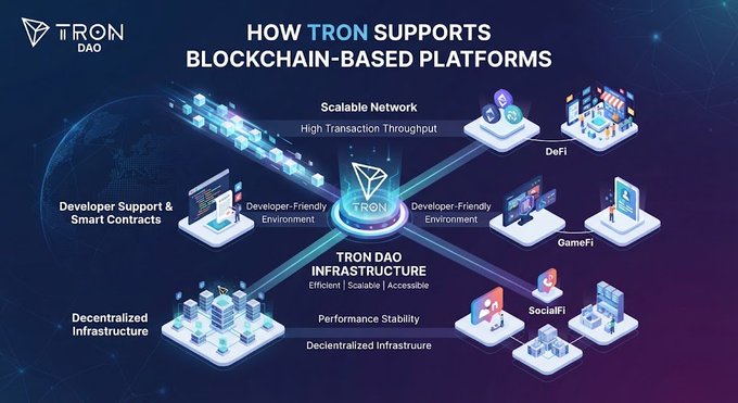 An infographic titled 'HOW TRON SUPPORTS BLOCKCHAIN-BASED PLATFORMS' illustrates the TRON DAO infrastructure connecting DeFi, GameFi, SocialFi, and other platforms.