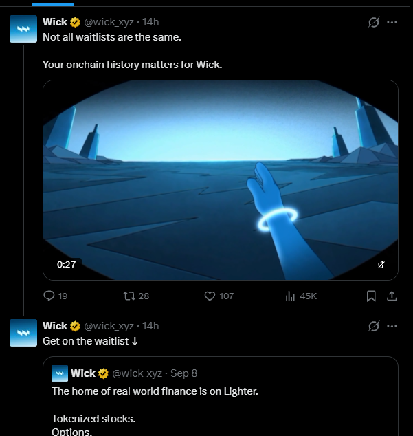 Two posts from the X account @wick_xyz discussing a waitlist system, with the text "Not all waitlists are the same. Your onchain history matters for Wick" and "Get on the waitlist," alongside a video thumbnail showing a stylized blue hand in a landscape.