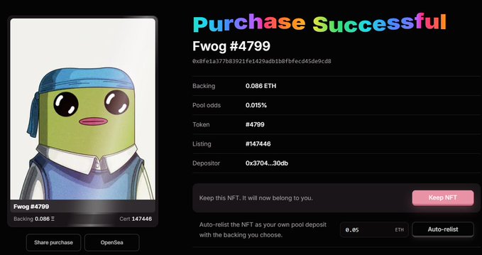 A successful NFT purchase confirmation for "Fwog #4799" backed at 0.086 ETH, showing transaction details including listing #147446 and pool odds of 0.015%. The image corresponds to the user's daily roll (#20) where they spent approximately 0.0774 ETH in actual value, representing a single Fwogs (FWA) NFT acquisition as part of their yield accumulation strategy.