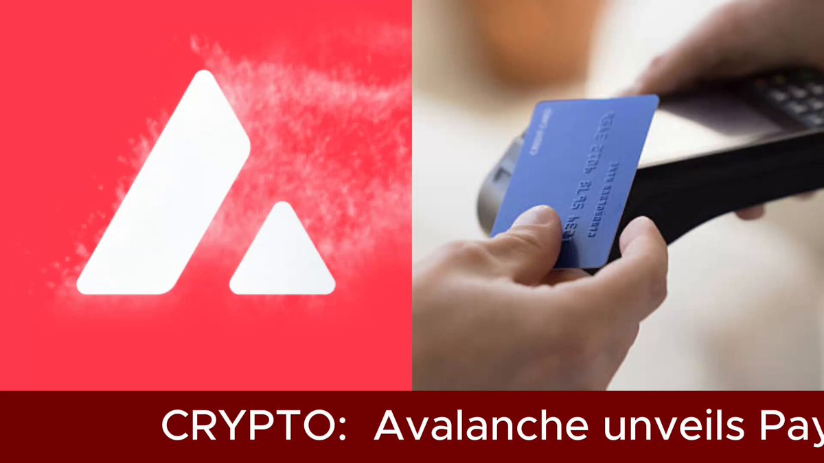 The image features a red background with two logos - one for Crypto and another for Avalanche Launches Payments Collective. The Crypto logo has three triangles pointing upwards, while the Avalanche Launches Payments Collective logo shows a person's hand holding a blue credit card over a brown table. Below these logos, there is text that reads "Crypto: Avalanche Launches Payments Collective With Global Institutional Giants @FTDA_US, @Vaneck_us".