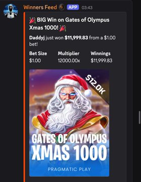 The image is a social media screenshot from the "Winners Feed" app showing a $11,999.83 win on the slot game "Gates of Olympus XMAS 1000" by Pragmatic Play, achieved by a player named "Daddy" who turned a $1.00 bet into the massive payout at a 12,000x multiplier. The post promotes @MetaWin's $1M giveaway promotion, using this impressive slot win as visual evidence to entice users to deposit and try their luck on the platform.