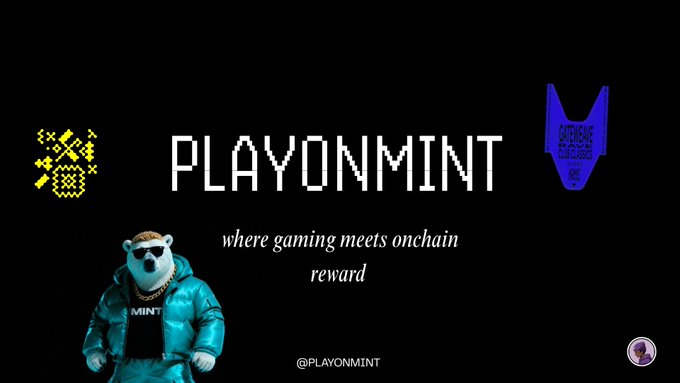 Promotional banner for PLAYONMINT featuring the tagline 'where gaming meets onchain reward' alongside a bear mascot in a teal jacket and orange bandana.