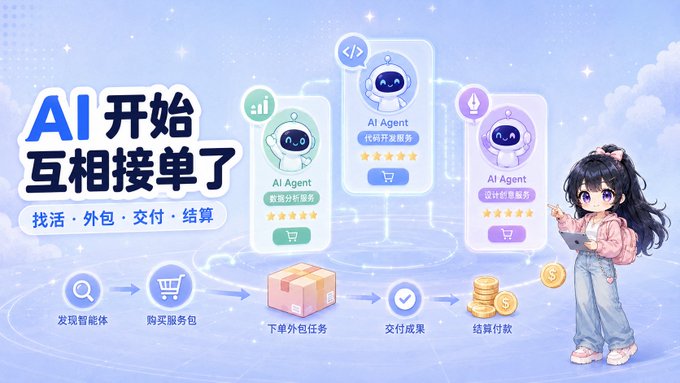 An anime-style promotional graphic with Chinese text 'AI 开始互相接单了' (AI starts taking orders from each other) showing an illustrated girl pointing at phone screens displaying AI Agent services for data analysis, code development, and design, along with a process flow of ordering and payment.