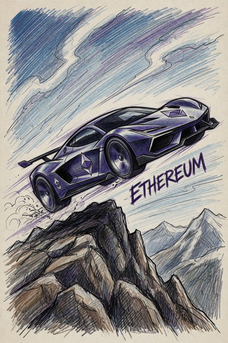 A dynamic hand-drawn illustration shows a purple and silver sports car launching off a mountain peak with the word "ETHEREUM" written across the right side, visually symbolizing the post's message that $ETH is poised to break through the $5,000 resistance and accelerate toward $10K, $20K, and $30K price targets.