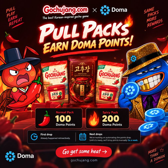 A vibrant promotional advertisement for Gochujang.com × Doma featuring the text 'Pull Packs Earn Doma Points!' with cartoon mascots (a red gochujang character and a blue Doma character). The ad shows Normal Pack (100 Doma Points) and Spicy Pack (200 Doma Points) options, with the tagline 'Go get some heat'.