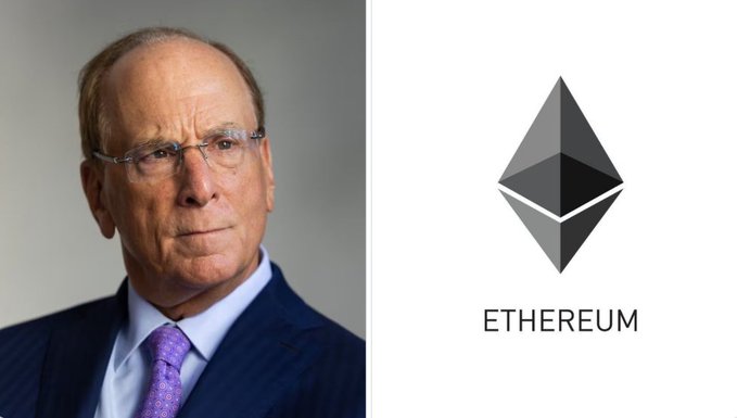 A portrait of BlackRock CEO Larry Fink alongside the Ethereum logo, visually tying the post's news about BlackRock clients purchasing $50.34 million in $ETH to the institutional giant behind the investment.