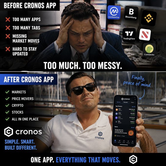 A before-and-after promotional advertisement for the Cronos app, showing a stressed man with too many apps in the 'Before' section and a relaxed man holding a phone displaying the Cronos app interface in the 'After' section, with the tagline 'ONE APP. EVERYTHING THAT MOVES.'
