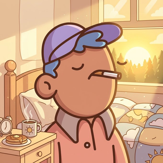 A cartoon illustration of a person wearing a purple and blue cap and pink pajamas, smoking a cigarette in a cozy bedroom with a sunrise visible through the window.