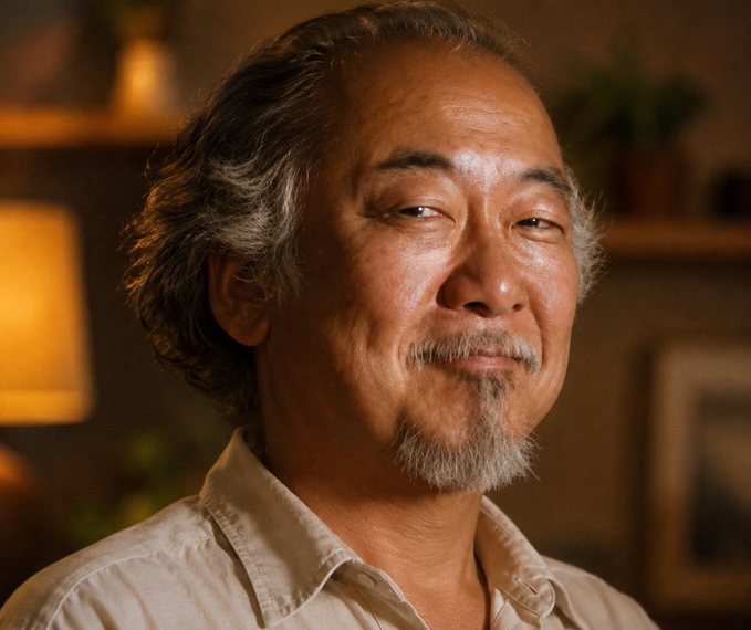 A contemplative older man with gray hair and a goatee looks off to the side with a subtle, knowing smile, as if amused by irony. The image humorously pairs with the post by showing the opposite of the "financial expert's" advice—suggesting this is someone who ignored the 3% rule and went heavy on altcoins, smiling about it nonetheless.