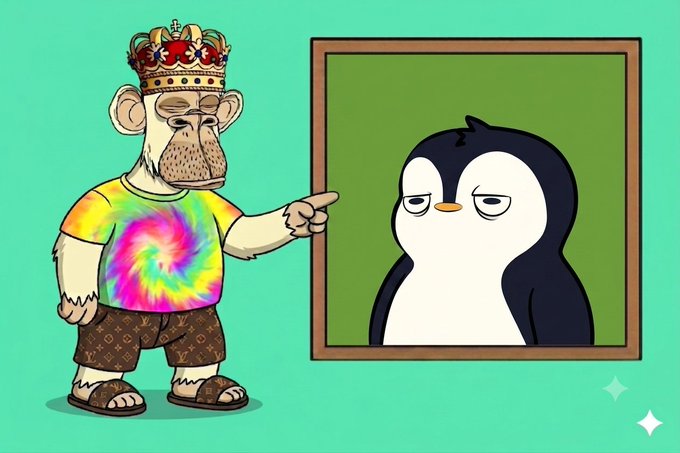 The image features two cartoon characters - a monkey wearing a tie-dye shirt and an anthropomorphized penguin sitting in front of a picture frame with its face drawn as if looking out at Adam Weitsman's face, which is being pointed towards by another cartoon character who is wearing a crown. The caption accompanying the image reads: "Adam Weitsman dropped $250K on the ultimate 1/1 left-facing @pudgypenguins Reminds me of the time I bought @BoredApeYC Unshaven traits for 162 ETH roughly @pudgypenguins".