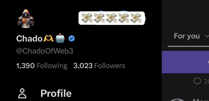 A Twitter profile screenshot for the user "Chado" (@ChadoOfWeb3), showing 1,390 Following, 3,023 Followers, and a banner displaying multiple money bag emojis.