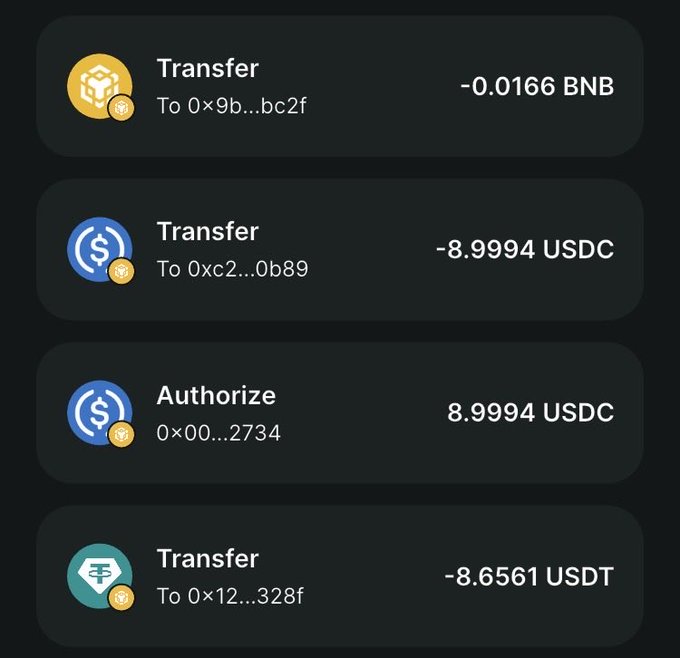 A cryptocurrency wallet transaction history showing transfers of -0.0166 BNB to 0x9b...bc2f, -8.9994 USDC to 0xc2...0b89, an Authorize of 8.9994 USDC to 0×00...2734, and a transfer of -8.6561 USDT to 0×12...328f.