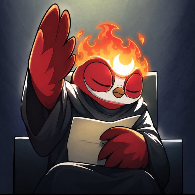 A digital illustration of a red bird-like character with closed eyes and a flame-like crown, wearing dark robes and holding up one wing while reading a paper.