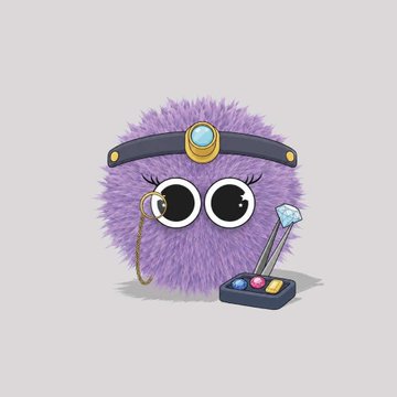 A cute cartoon illustration of a purple fluffy monster character wearing a miner's headlamp and monocle, holding a diamond-tipped pickaxe above a tray of colorful gemstones.