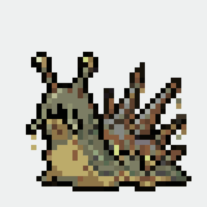 A pixel art creature resembling a small green and brown dragon or monster with multiple limbs and antennae, displayed on a white background.