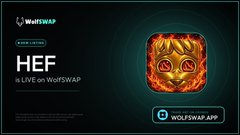 A promotional graphic for WolfSwap featuring a fiery golden mask icon and text reading 'HEF' and 'LISTING ON WOLFSWAP'.