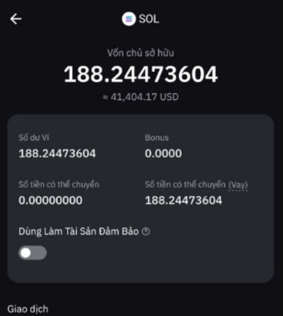 A cryptocurrency wallet interface displays a Solana (SOL) balance of 188.24473604 SOL, equivalent to approximately $41,404.17 USD.