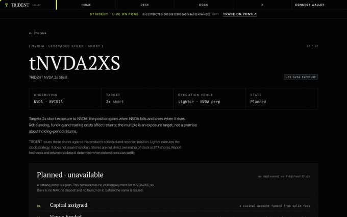 A screenshot of the Trident website displaying information about the tNVDA2XS product, a TRIDENT NVDA 2x Short with NVIDIA as underlying, planned state, targeting 2x short on NVDA perp on Lighter venue.