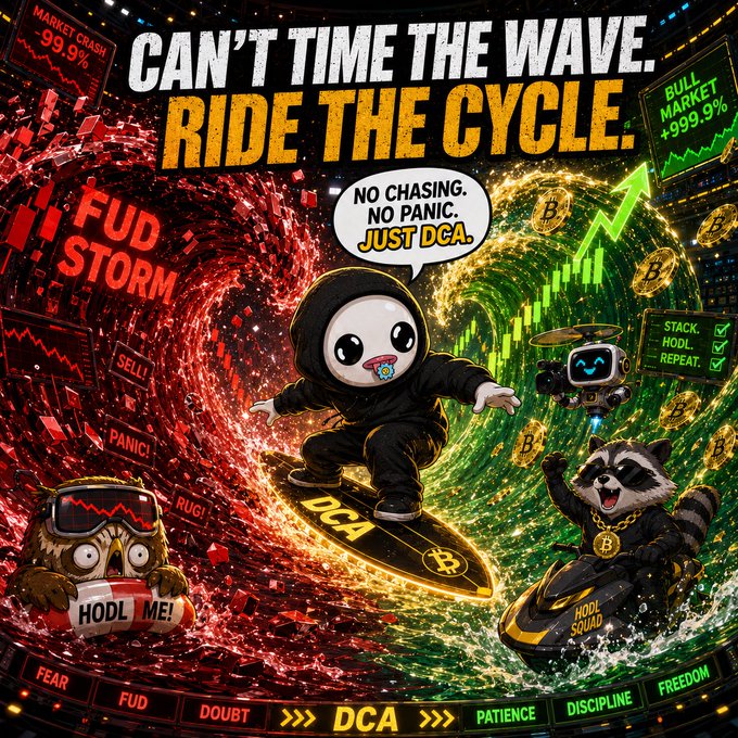 The image shows a cartoon character riding a wave that is green, black and yellow, surrounded by other characters including a raccoon and a panda bear. The caption of the image is "Can't time the wave ride the cycle".