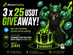 A promotional graphic for AltcoinTrading announces "3 x 25 USDT GIVEAWAY!" featuring a muscular green bull mascot alongside a glowing green gift box, with instructions to join via Telegram, comment on the Bitunix post, and the giveaway closes on "24H," displaying "3 WINNERS" at the bottom. The image serves as the announcement graphic for the completed giveaway referenced in the post.
