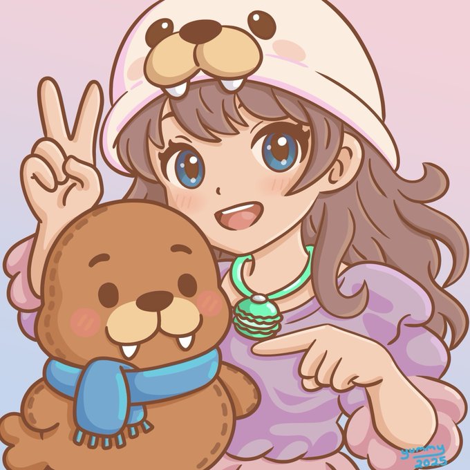 An anime-style girl with brown hair wearing a bear hood, pink outfit, and green beaded necklace flashes a peace sign while cuddling a cute brown walrus plush with a blue scarf. The illustration, signed "gyunny 2025," ties into the celebratory post about winning a whitelist spot for the Macarune mint, with the cheerful character and mascot-like plush conveying excitement over the WAGYU Brands achievement.
