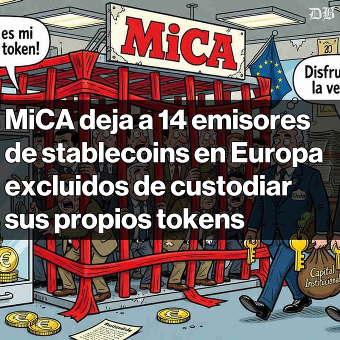 A cartoon illustration shows distressed figures trapped behind red bars under a "MiCA" sign, while a suited figure with an EU flag walks away carrying a money bag labeled "Capital Institucional" and keys, alongside the headline "MiCA deja a 14 emisores de stablecoins en Europa excluidos de custodiar sus propios tokens."