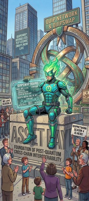 A comic-style superhero named “Quip” sits atop an “Asset Layer” monument, while crowds celebrate “QuipSwap Network & QuipSwap” and “Post-Quantum Cross-Chain Interoperability.” The scene visualizes QUIPs as quantum-resistant vaults wrapping existing wallets across Ethereum, Solana, Bitcoin, and similar chains, with QuipSwap providing cross-chain asset swaps rather than operating as the compute chain.