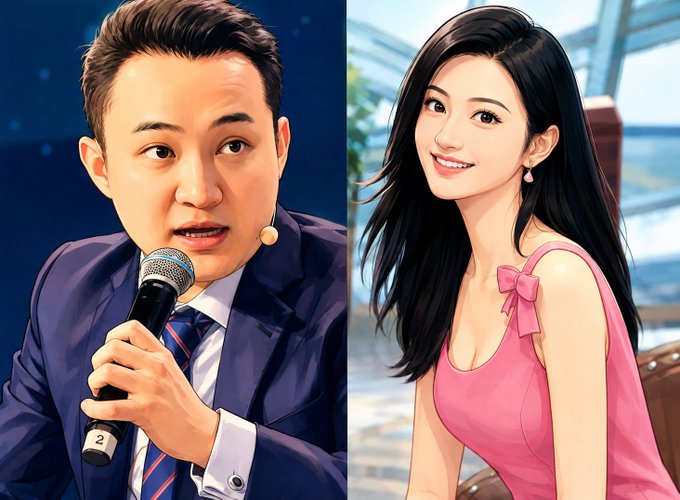 A split image shows a man in a suit speaking into a microphone on the left, and an anime-style woman in a pink top on the right.