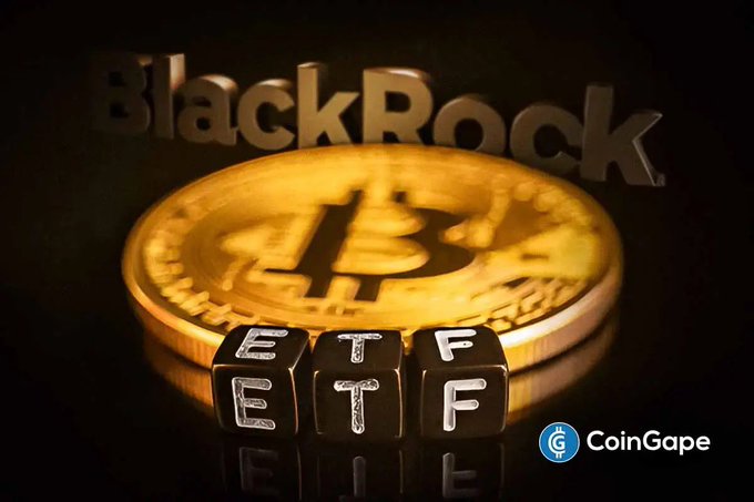 A promotional image featuring a gold Bitcoin coin alongside the 'BlackRock' logo and dice spelling 'ETF', with the 'CoinGape' watermark in the corner.