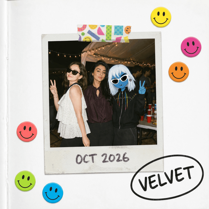 A Polaroid-style photo from "OCT 2026" shows three women posing, one with blue hair and sunglasses, surrounded by colorful smiley face stickers and the word "VELVET".