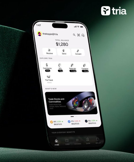 A smartphone displaying the Tria app interface, showing a total balance of $1,280 for user 'thekaypo@tria', with options to Receive, Send, and Convert, and tabs for Cryptos, NFTs, Referrals, Contacts, and Tria Travel.