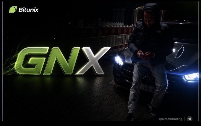 The image shows a person in a dark hoodie standing in front of a luxury car at night, looking down at their phone, with the large green "GNX" text and "Bitunix" logo displayed prominently, visually echoing the post's theme of reflection on past trading mistakes and the personal growth that came from them.