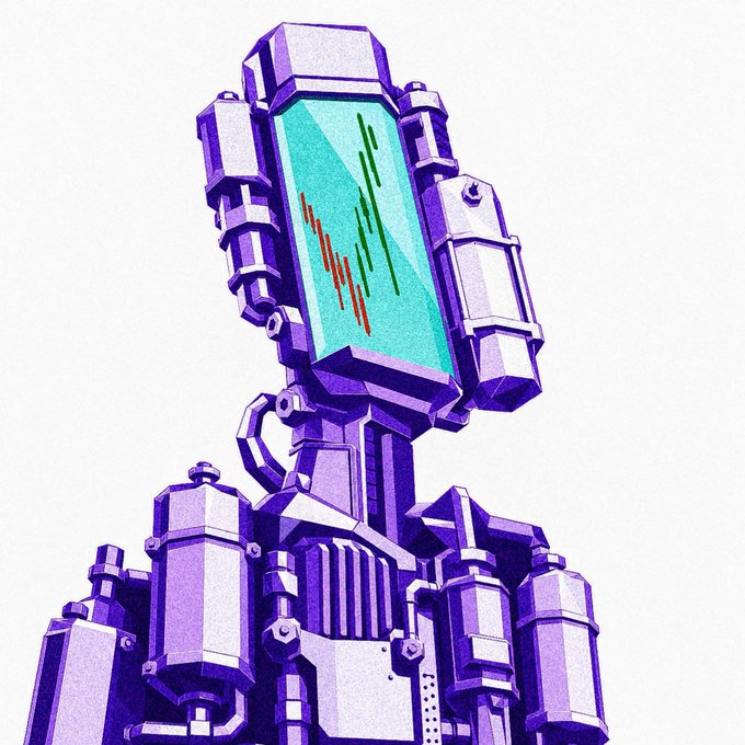 A stylized digital illustration of a robotic figure with a purple and silver metallic body, featuring a screen-like head displaying colorful line graphics.