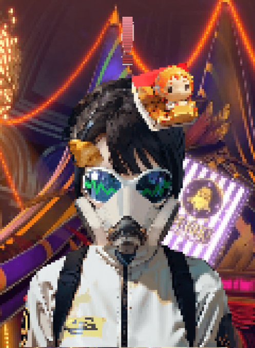A pixel art illustration of an anime-style character with glowing green eyes and a microphone, with a small orange creature on their head against a colorful neon background.