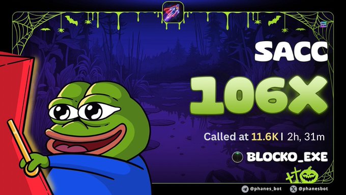 Pepe the Frog meme holding a jackhammer, advertising 'SACC 106X Called at 11.6K | 2h, 31m' with Halloween spiderweb graphics and BLOCKO_EXE branding.