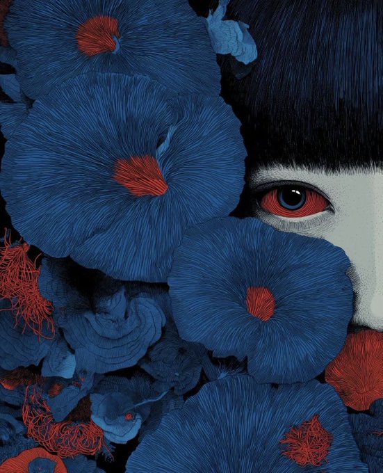 An illustration features blue flowers with red centers partially obscuring a pale face with striking red eyes and black hair.