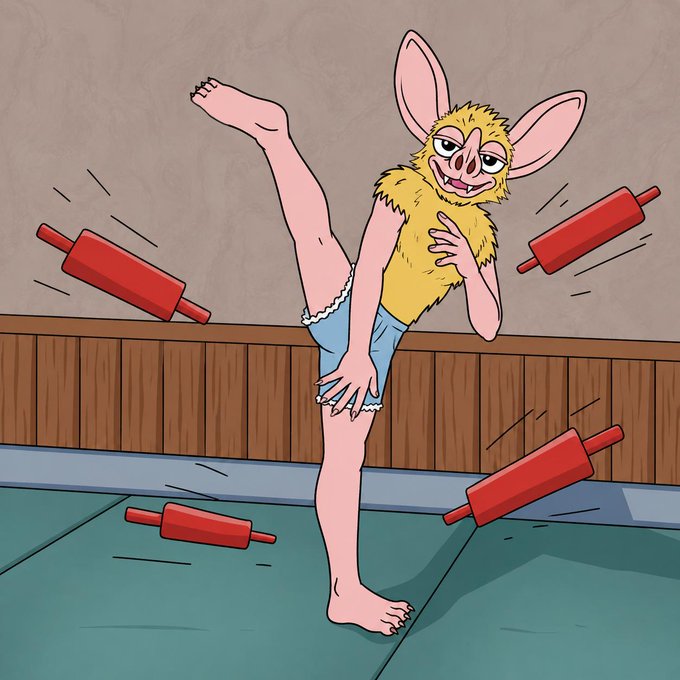 An anthropomorphic furry character with rabbit ears and yellow fur strikes a one-legged karate pose amid flying red rolling pins. The imagery humorously captures the post's message that "one hoodrat can change everything," suggesting that a single chaotic, troublemaking presence can upend even the most disciplined routine.