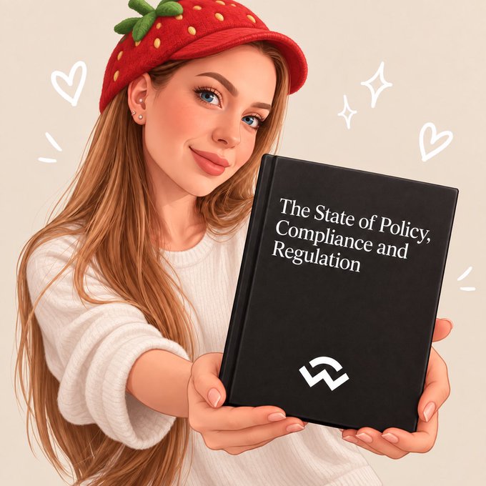 A young woman wearing a red strawberry hat holds out a black book titled 'The State of Policy, Compliance and Regulation' featuring the Solana logo, surrounded by decorative hearts and sparkles.