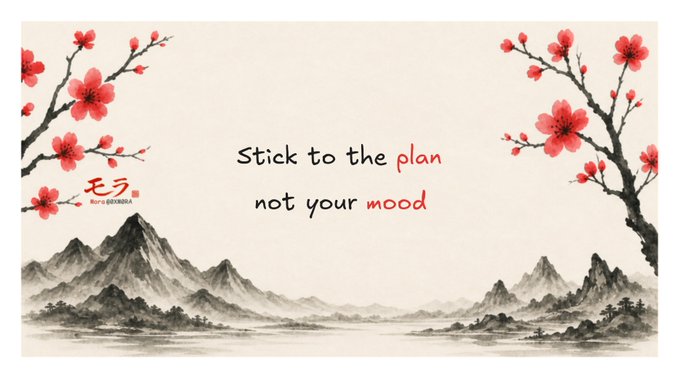 An image featuring cherry blossom branches and ink-wash mountains with the motivational text "Stick to the plan not your mood," reinforcing the post's theme of disciplined crypto investing despite market distractions and sentiment-driven narratives.