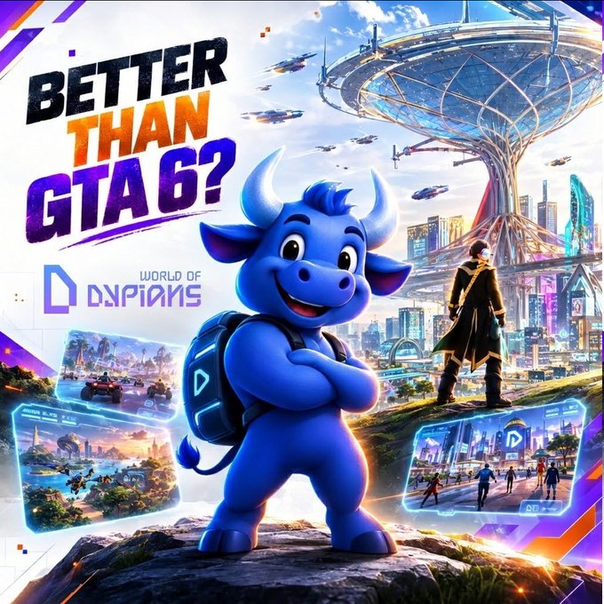 The promotional graphic features a blue cartoon bull mascot alongside the text "BETTER THAN GTA 6?" and the "World of Dypians" logo, set against a futuristic sci-fi cityscape with holographic gameplay previews.

The image directly ties to the post by visually pitching the Web3 game "World of Dypians" as a compelling open-world alternative while GTA 6 hype builds, using the bold "BETTER THAN GTA 6?" headline and sci-fi world imagery to position Dypians as the next frontier worth exploring.