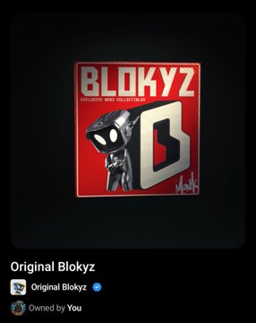 An NFT listing for "Original Blokyz," verified and owned by the user, featuring the Blokyz character with a stylized 'B' on a red background.