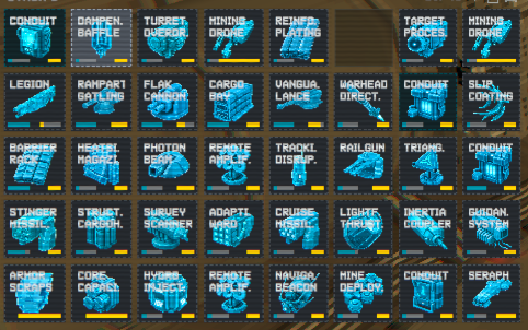 A grid display showing various blueprint-style icons and names of units and structures (such as 'DAMPN. BATTLE', 'TURRET', 'MINING DRONE', 'RAMPART') in a strategy video game interface.