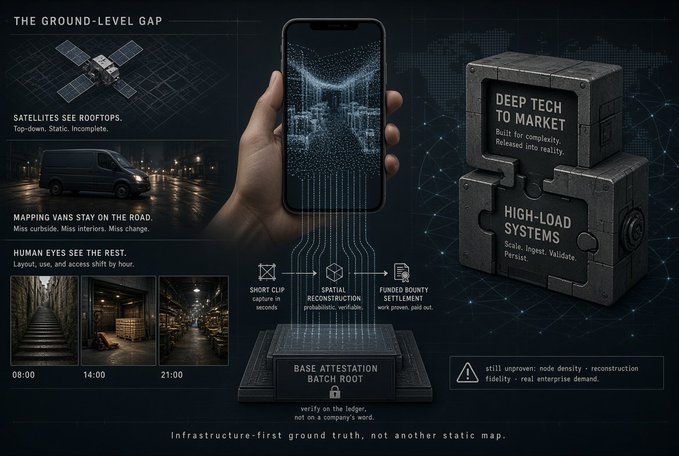A dark, tech-themed infographic illustrates VanGrid's Physical AI infrastructure by contrasting top-down satellite/mapping approaches (labeled "SATELLITES SEE ROOFTOPS" and "MAPPING VANS") with ground-level human capture methods across three timestamps (08:00, 14:00, 21:00), highlighting its "BASE ATTESTATION BATCH ROOT" pipeline involving short clips, spatial reconstruction, and funded bounty settlement. Two heavy crates labeled "DEEP TECH TO MARKET" and "HIGH-LOAD SYSTEMS" emphasize the project's promise of real-world enterprise validation, reinforcing the post's point that VanGrid addresses the critical gap where Physical AI needs genuine ground-truth data rather than static maps.