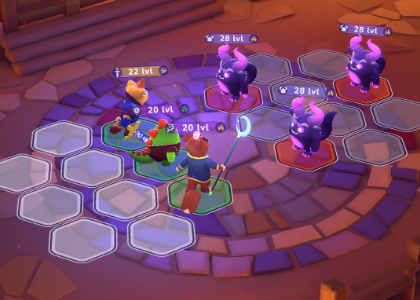 The image shows a group of people playing a video game, specifically a fighting game with characters that include a bear and a dragon. The players are engaged in combat within a virtual world, using various weapons such as swords and shields. The scene is set against a purple background, which adds to the immersive gaming experience. The post about the game also includes information on how many lives each player has remaining and what their current health points are.

The image does not contain any text or other objects that provide additional context beyond the gameplay elements.