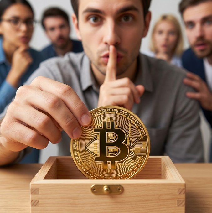A man makes a "shhh" gesture while holding up a large Bitcoin coin, with concerned-looking family members gathered behind him as the caption warns about the dangers of revealing Bitcoin holdings, referencing the murder of musician Jonathan Meléndez in Mexico.