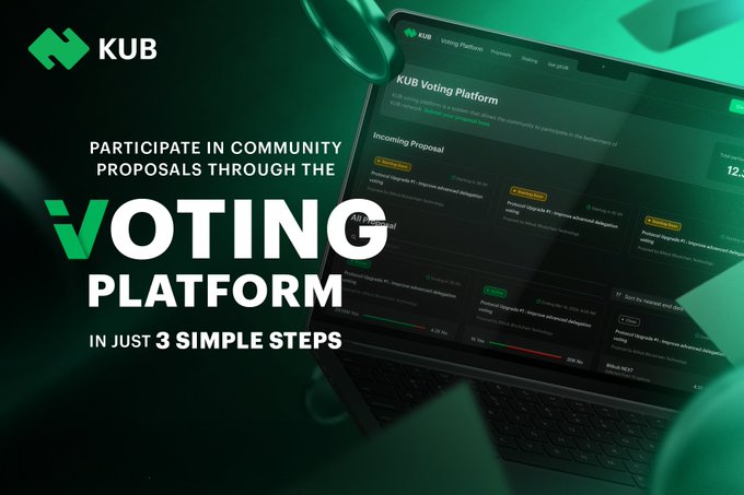 A promotional graphic for the 'KUB' Voting Platform, inviting users to 'PARTICIPATE IN COMMUNITY PROPOSALS THROUGH THE VOTING PLATFORM IN JUST 3 SIMPLE STEPS', showing a laptop screen with the platform's interface.