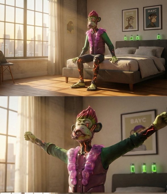 Two-panel digital illustration featuring a green-skinned zombie-like character with pink hair wearing a purple vest, sitting on a bed in a sunlit room with 'BAYC' framed posters on the wall, then raising its arms in the second panel.